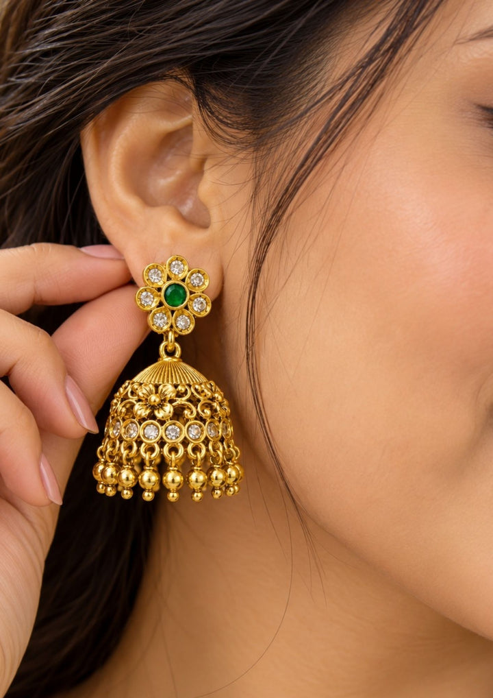 Emerald Beads Gold Plated Flower Jhumka Earrings