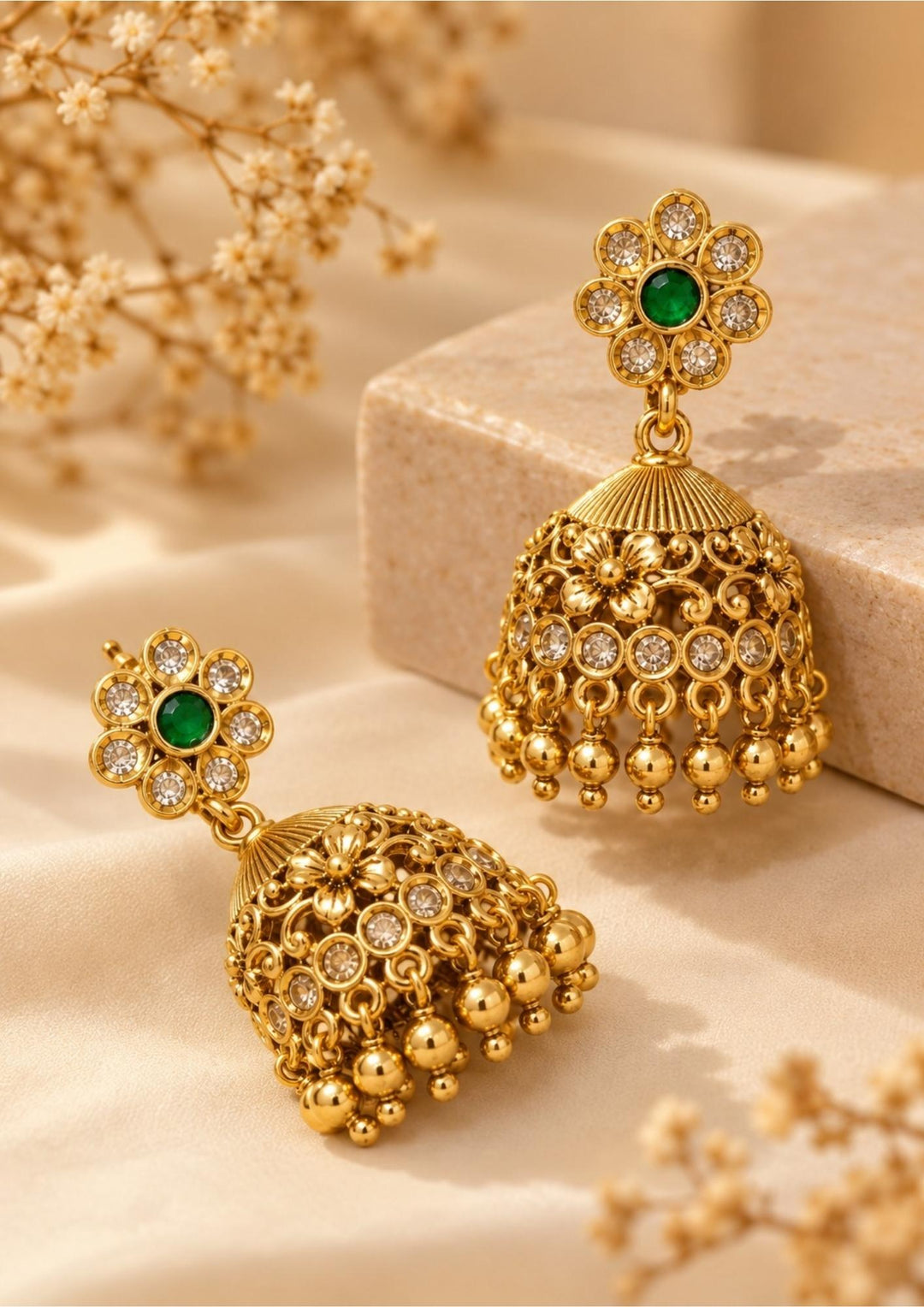 Emerald Beads Gold Plated Flower Jhumka Earrings