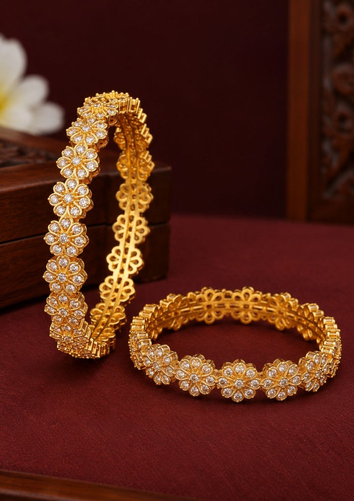 Zircon Diamond Gold Plated Party Wear Floral Bangles