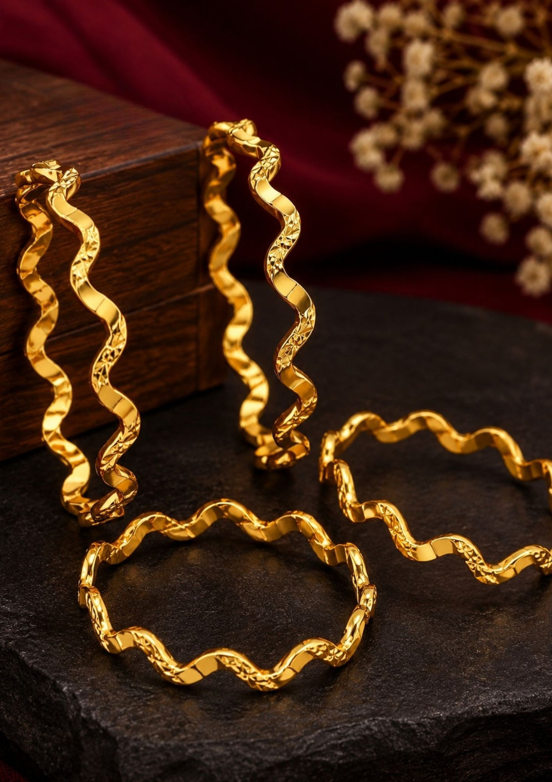 Gold Plated Wavy Bangles (Set of 4)