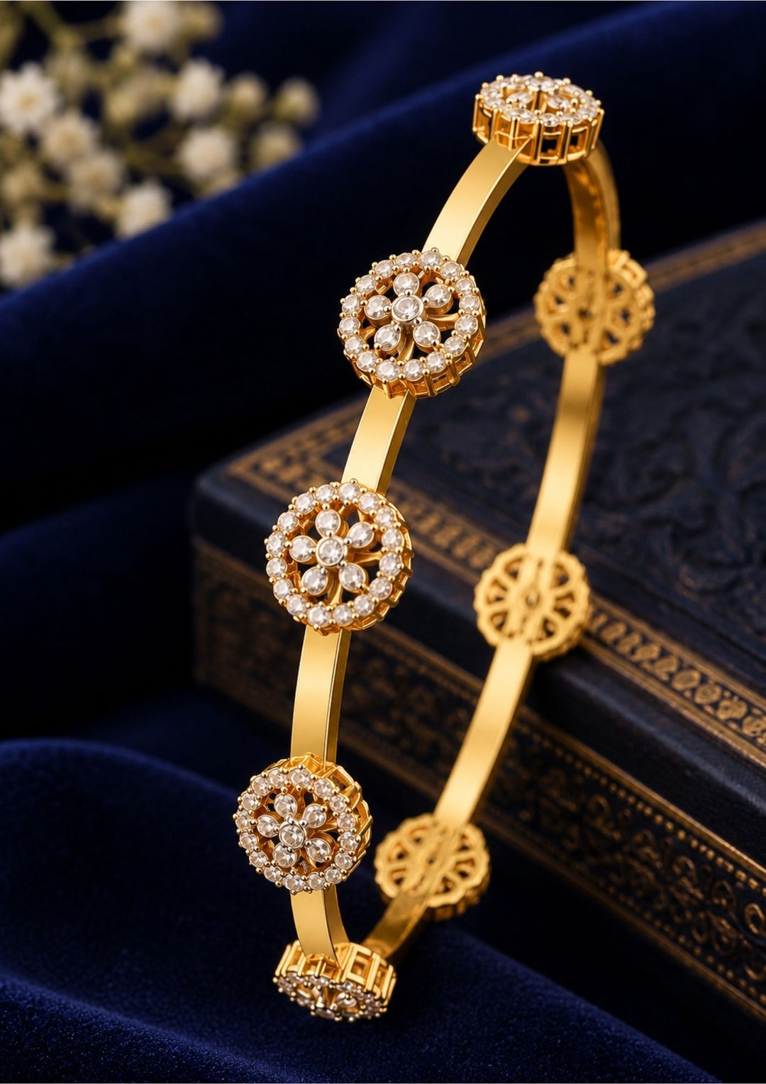 Zircon Diamond Gold Plated Floral Bangles