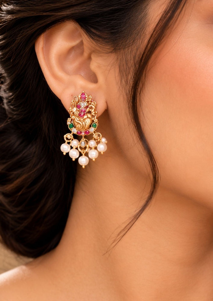 Jadau Kundan Gold Plated Temple Ganesha Necklace With Earrings
