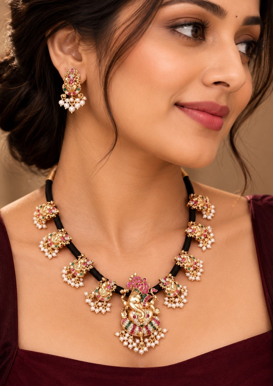 Jadau Kundan Gold Plated Temple Ganesha Necklace With Earrings