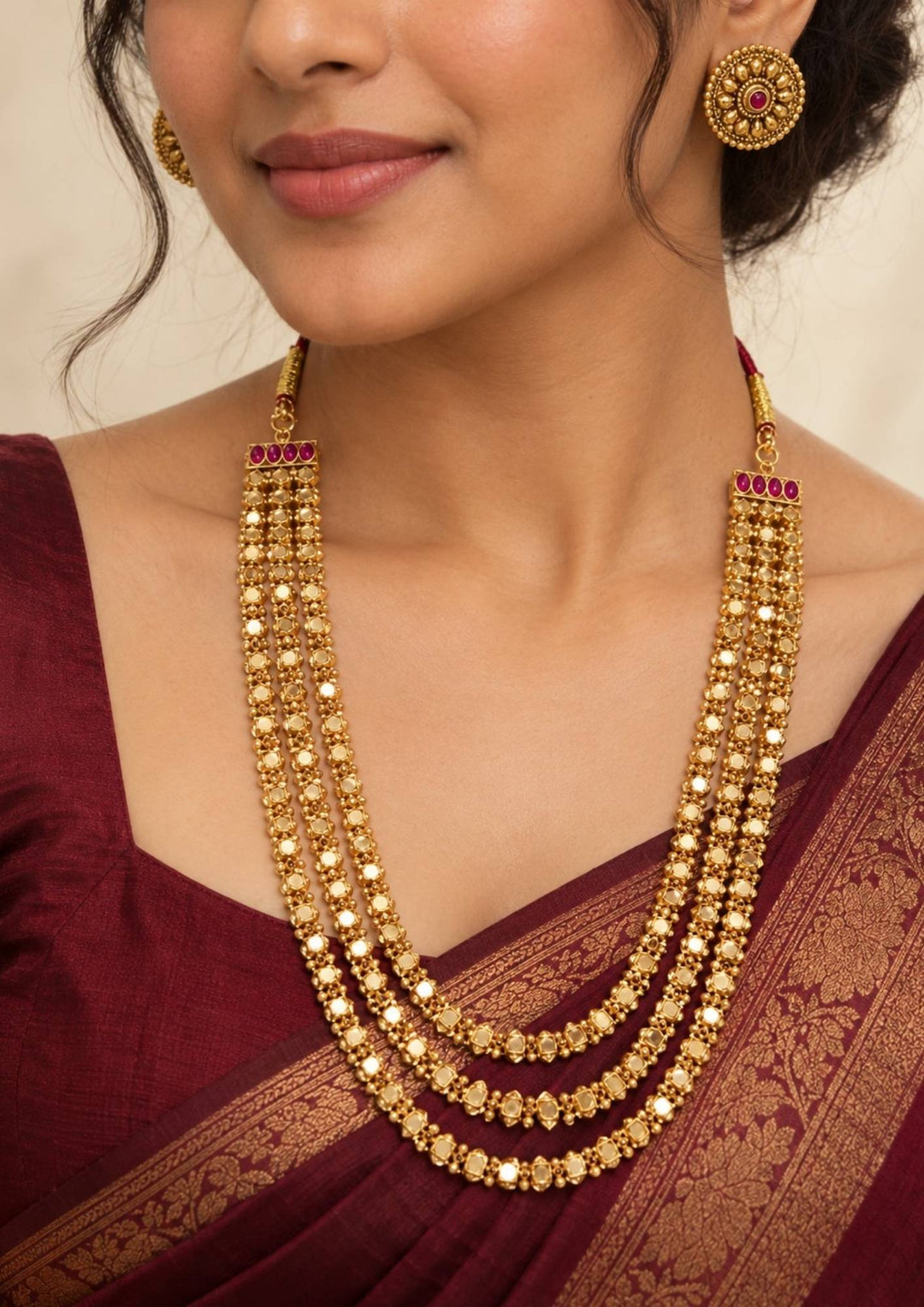 Jadau Kundan Gold Plated Multi-Layer Beaded Necklace Set