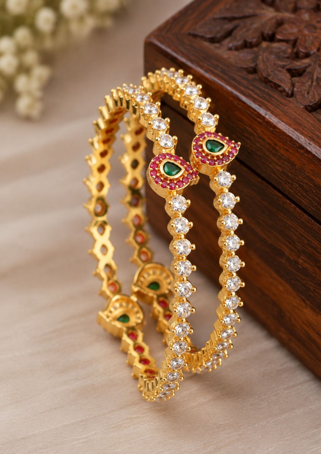 Gold Plated Emerald Jadau Kundan Mango Motif Bangles