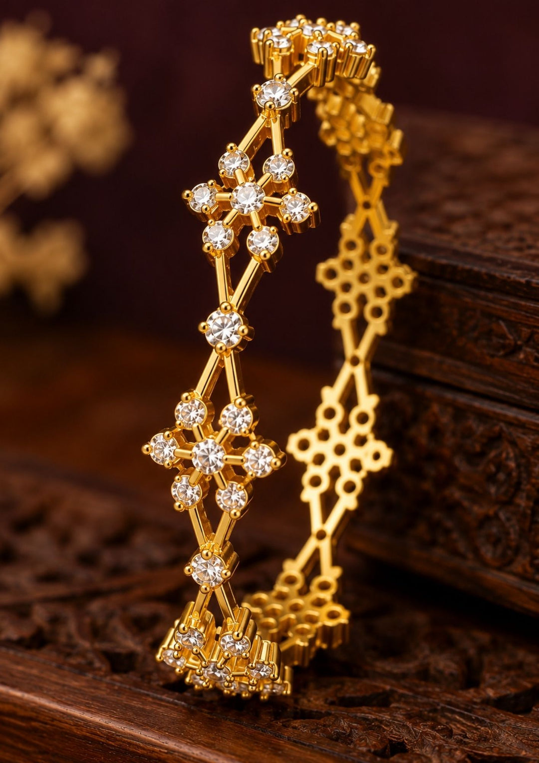 Zircon Diamond Gold Plated Floral Party Wear Bangles