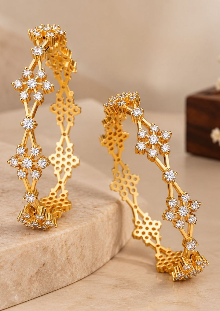 Zircon Diamond Gold Plated Floral Party Wear Bangles