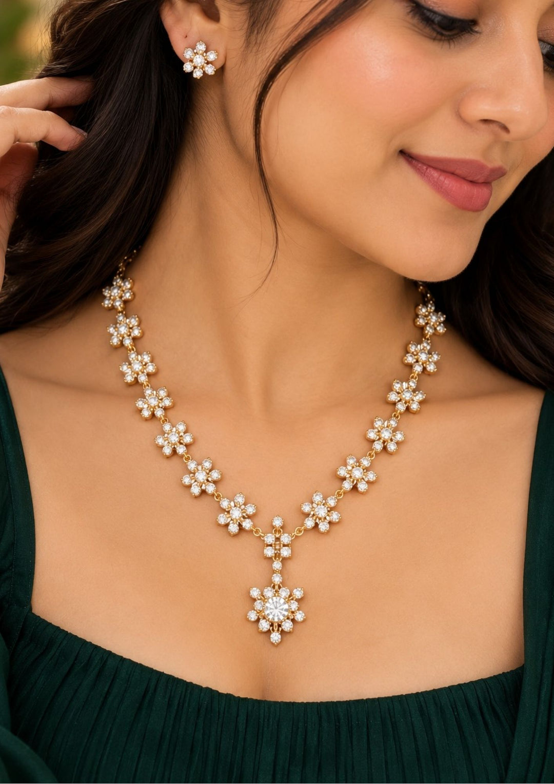 Premium Zircon Diamond Gold Plated Floral Necklace Set