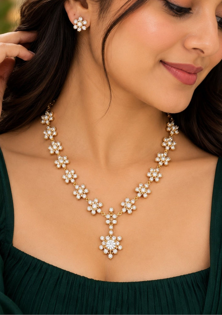 Premium Zircon Diamond Gold Plated Floral Necklace Set