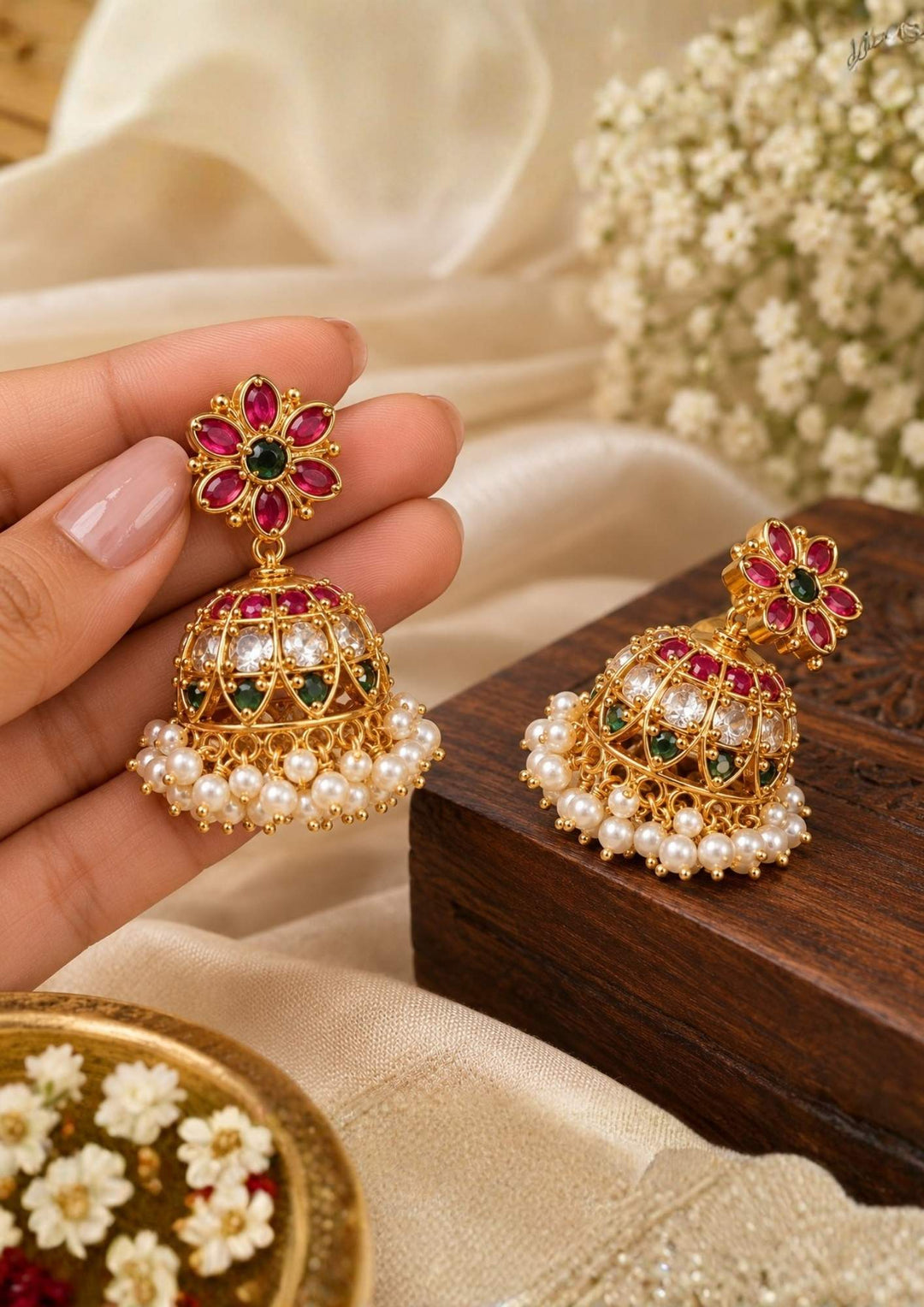 Jadau Kundan Kemp Gold Plated Jhumkas