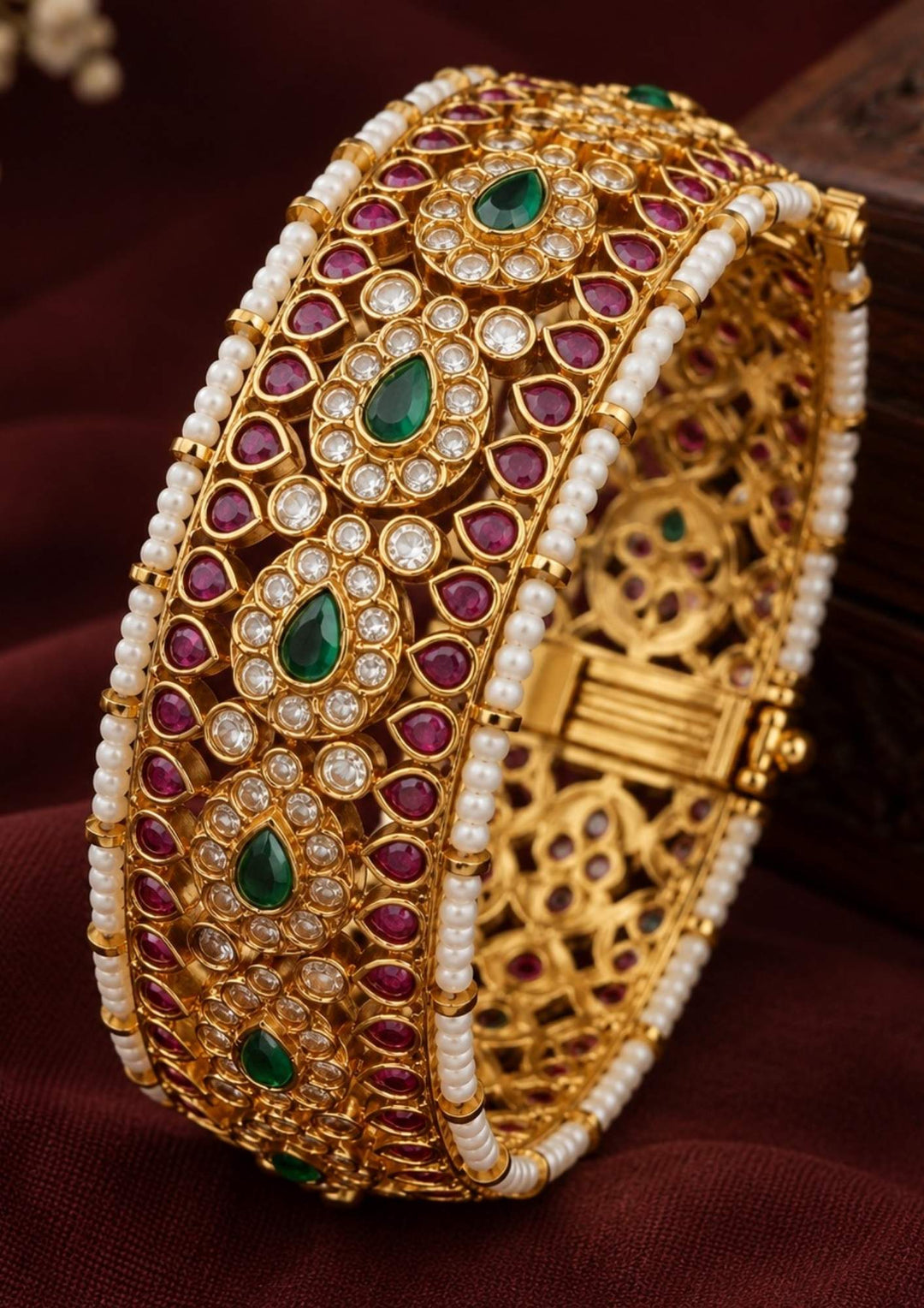 Jadau Kundan Gold Plated Green Stone Openable Kada