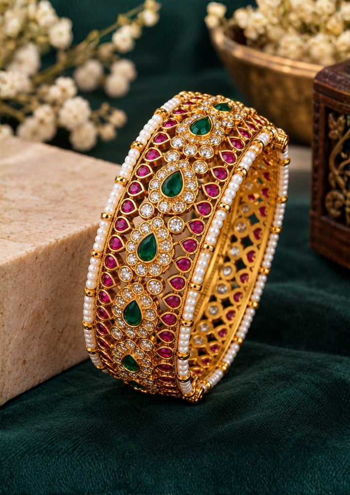 Jadau Kundan Gold Plated Green Stone Openable Kada