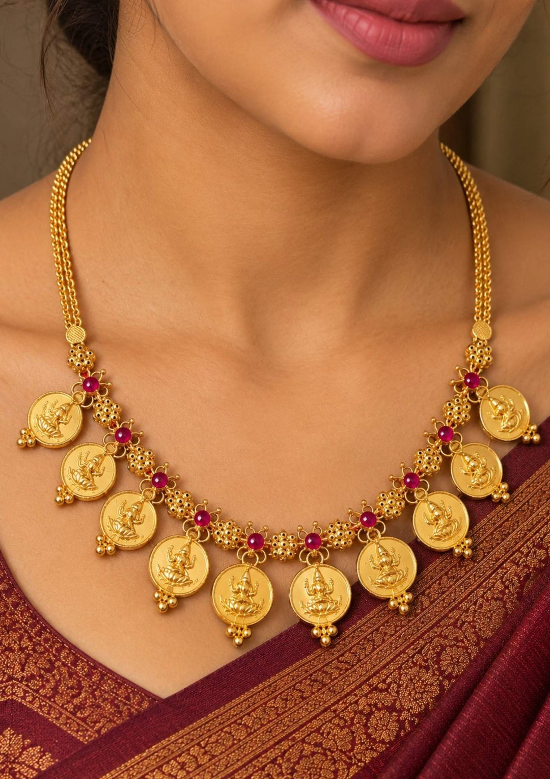 Gold Plated Ruby Studded Laxmi Coins Pendant Chain