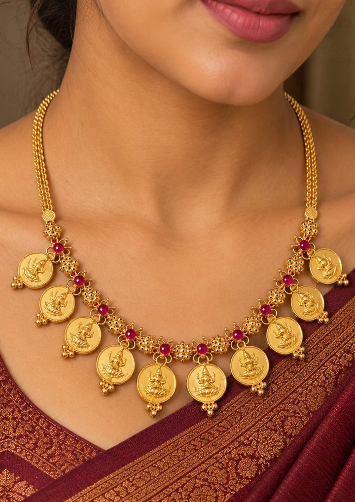 Gold Plated Ruby Studded Laxmi Coins Pendant Chain