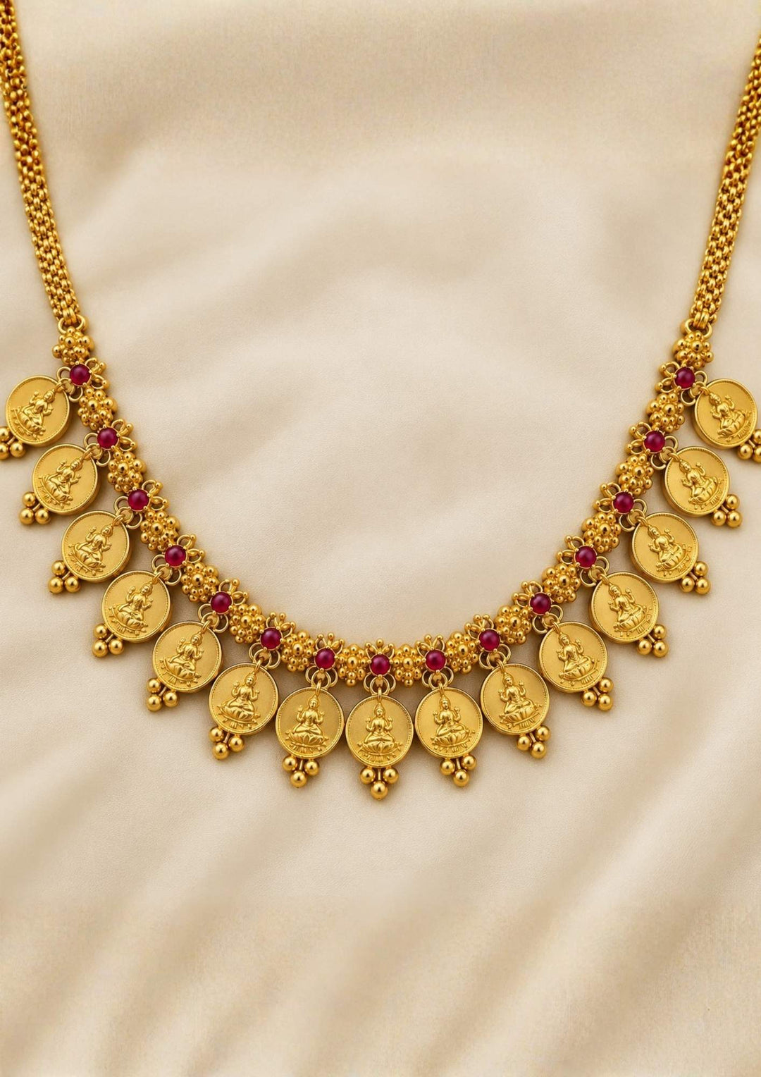 Gold Plated Ruby Studded Laxmi Coins Pendant Chain
