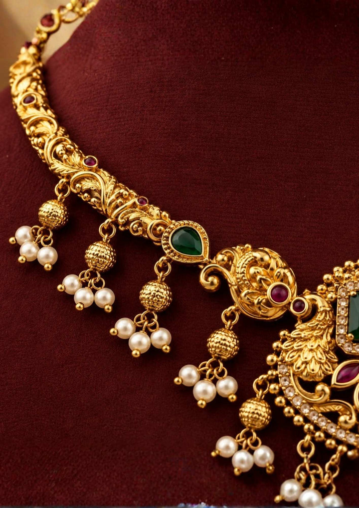 Jadau Kundan Gold Plated Peacock Emerald Necklace with Earrings