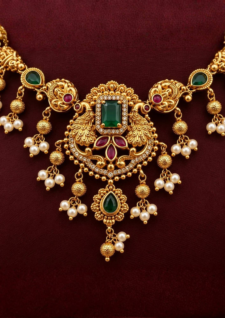 Jadau Kundan Gold Plated Peacock Emerald Necklace with Earrings