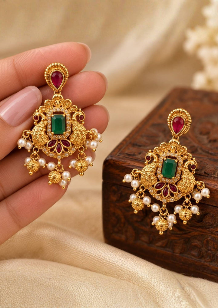 Jadau Kundan Gold Plated Peacock Emerald Necklace with Earrings