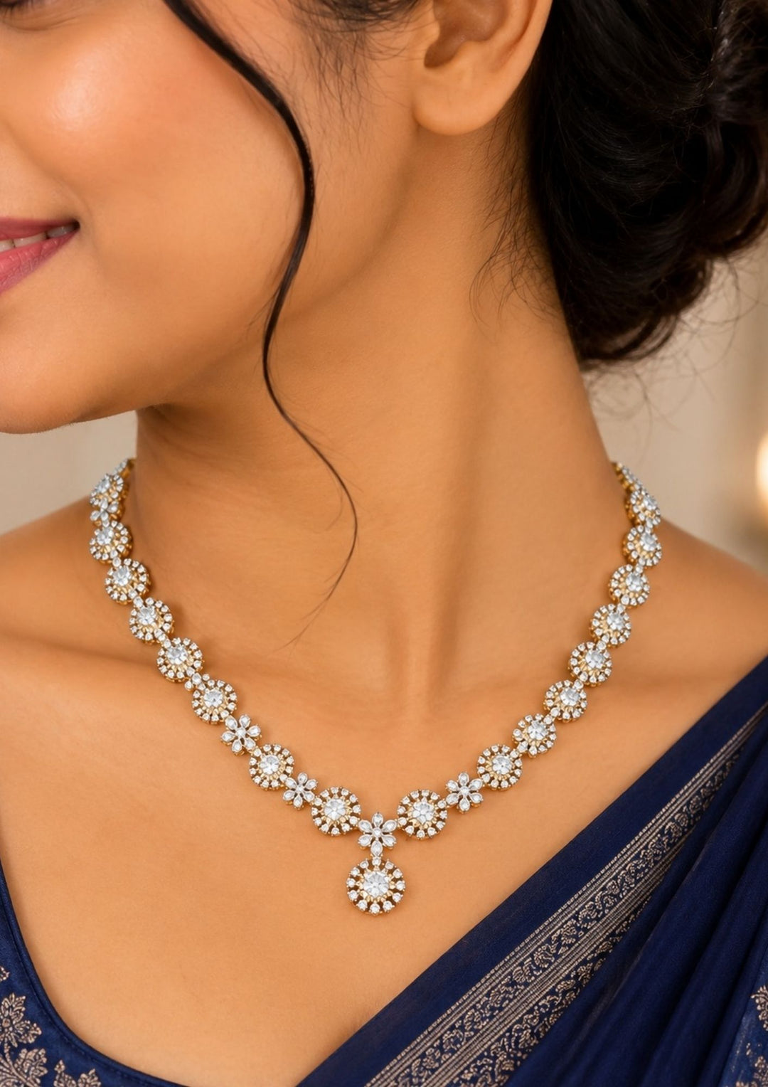 Zircon  Diamond Gold Plated Floral Necklace With Earrings