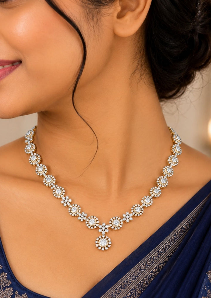 Zircon  Diamond Gold Plated Floral Necklace With Earrings