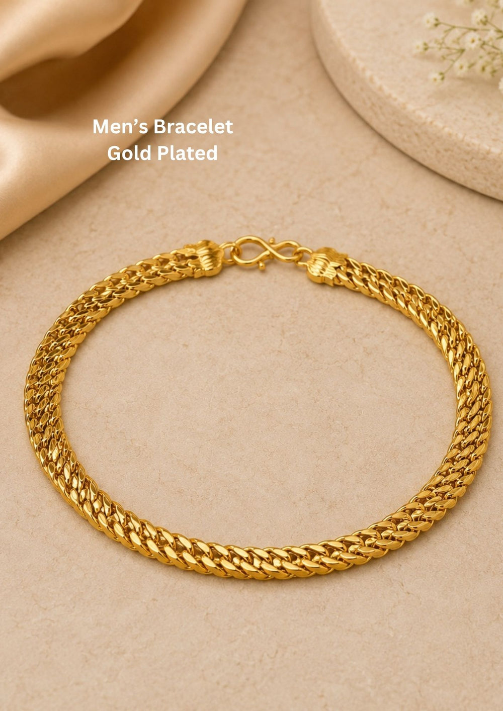 A gold-plated men's chain bracelet with a textured rope-style link design and a spring-ring clasp. Perfect for dailywear , parties , weddings and it is best for skin friendly .