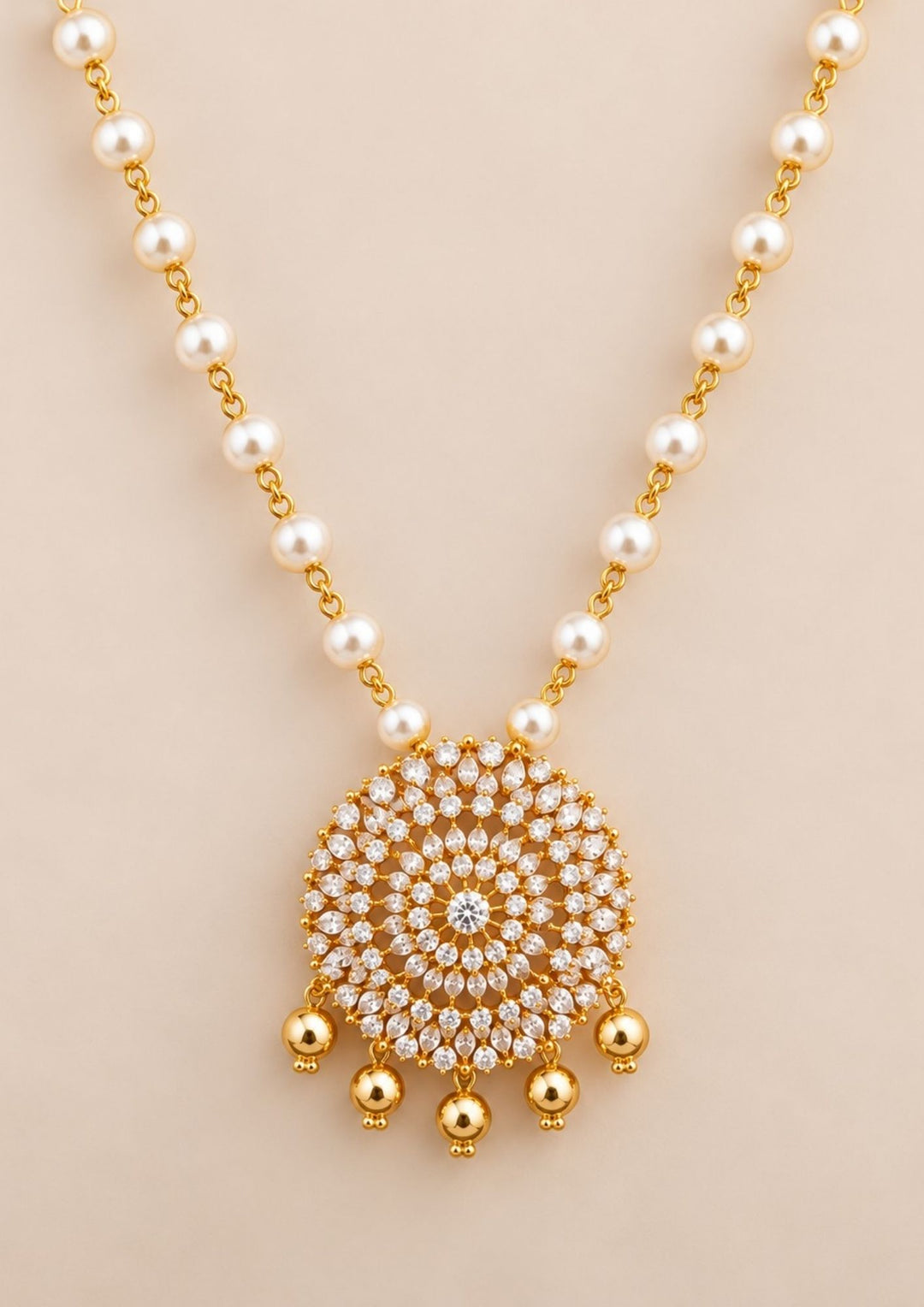 Zircon Diamond Gold Plated Pearls Necklace with Earrings