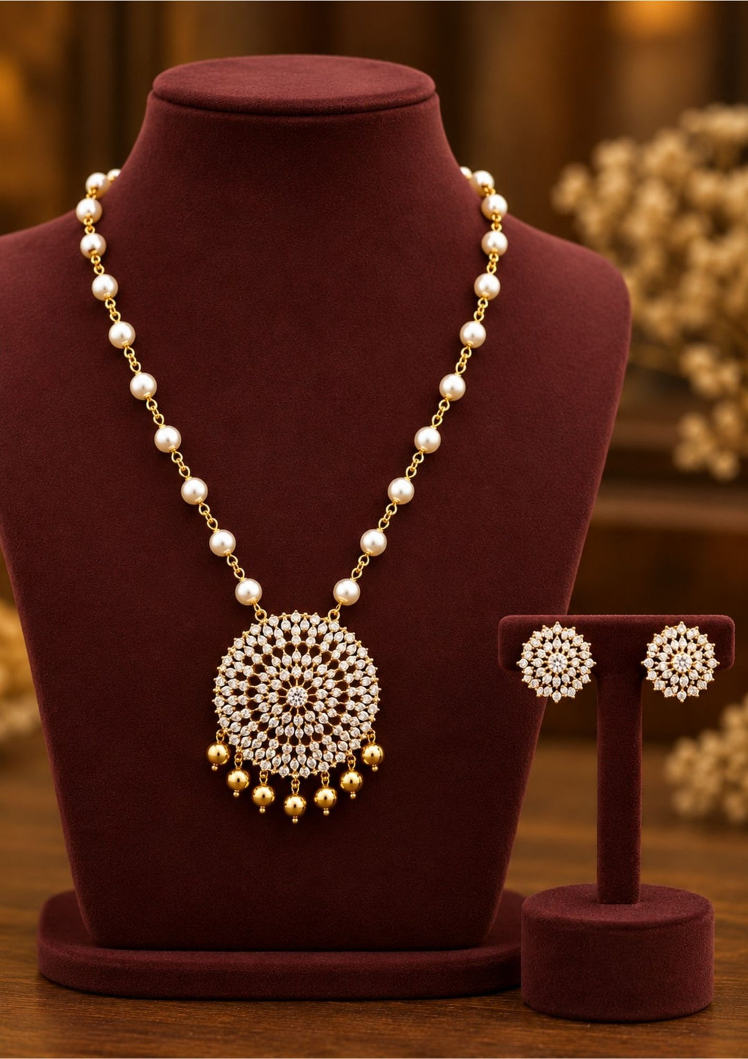 Zircon Diamond Gold Plated Pearls Necklace with Earrings
