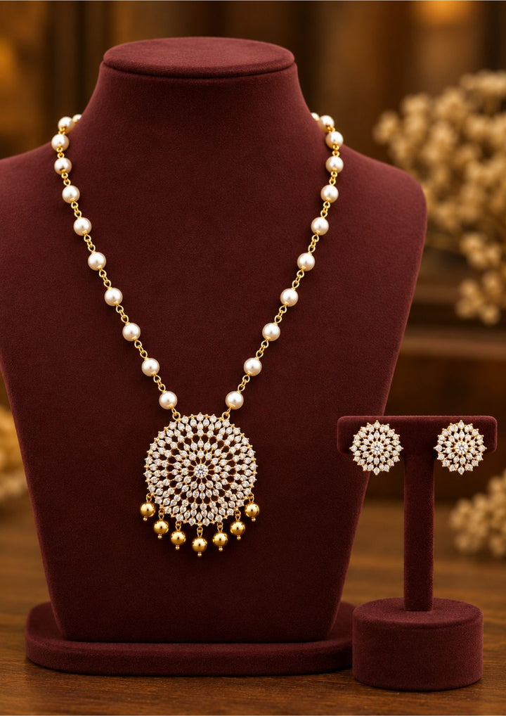 Zircon Diamond Gold Plated Pearls Necklace with Earrings