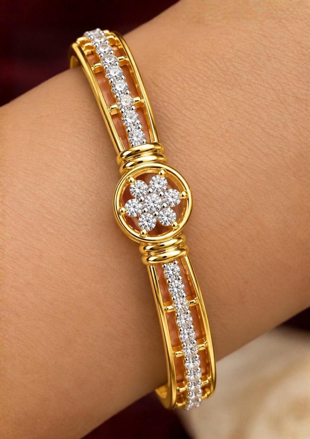 Zircon Daimond Gold Plated Designer Bangles with Floral Crystal Stone Design