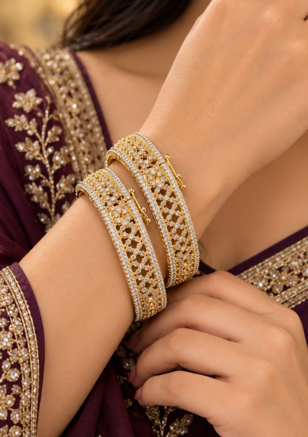 Zircon Diamond Gold Plated Openable Bangles (Set of 2)