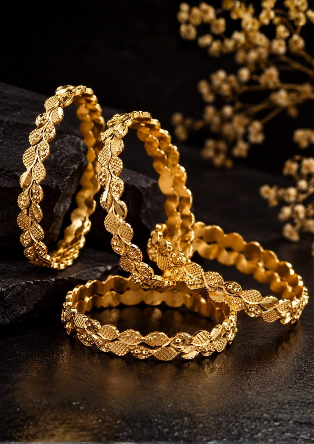 18k Gold Plated Leaf Pattern Bangles Set of 4
