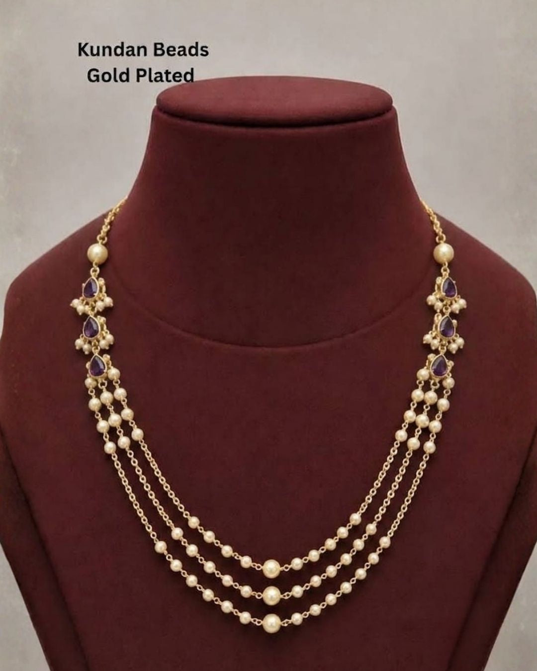 Kundan Gold Plated Three Layered Pearl Necklace
