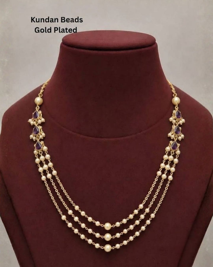 Kundan Gold Plated Three Layered Pearl Necklace