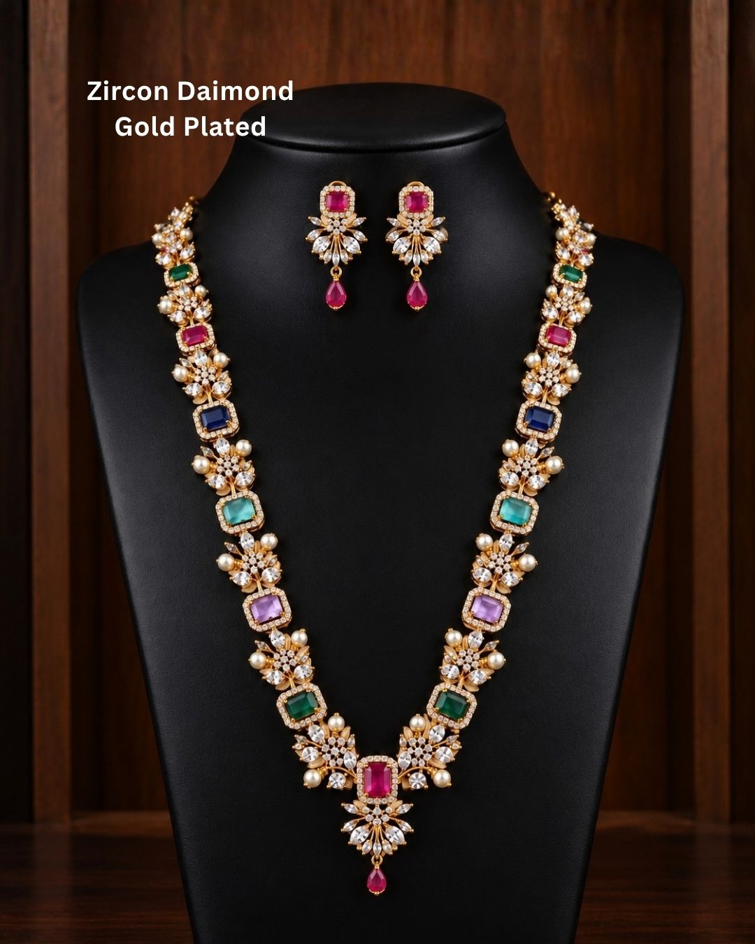 Gold Plated Navaratna Necklace with Earrings