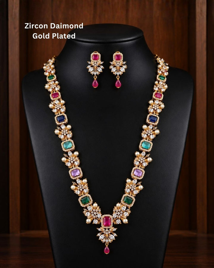 Gold Plated Navaratna Necklace with Earrings