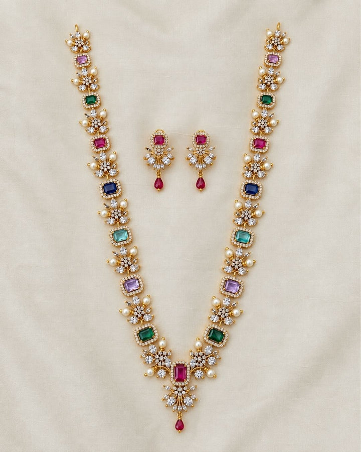 Gold Plated Navaratna Necklace with Earrings