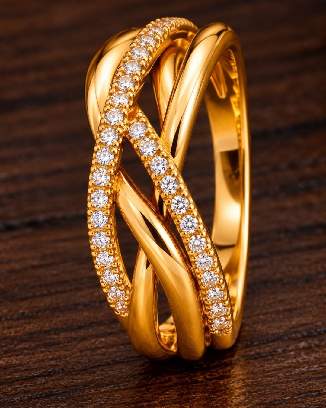 Gold Plated Crystal-Paved Crossed Bands Adjustable Ring