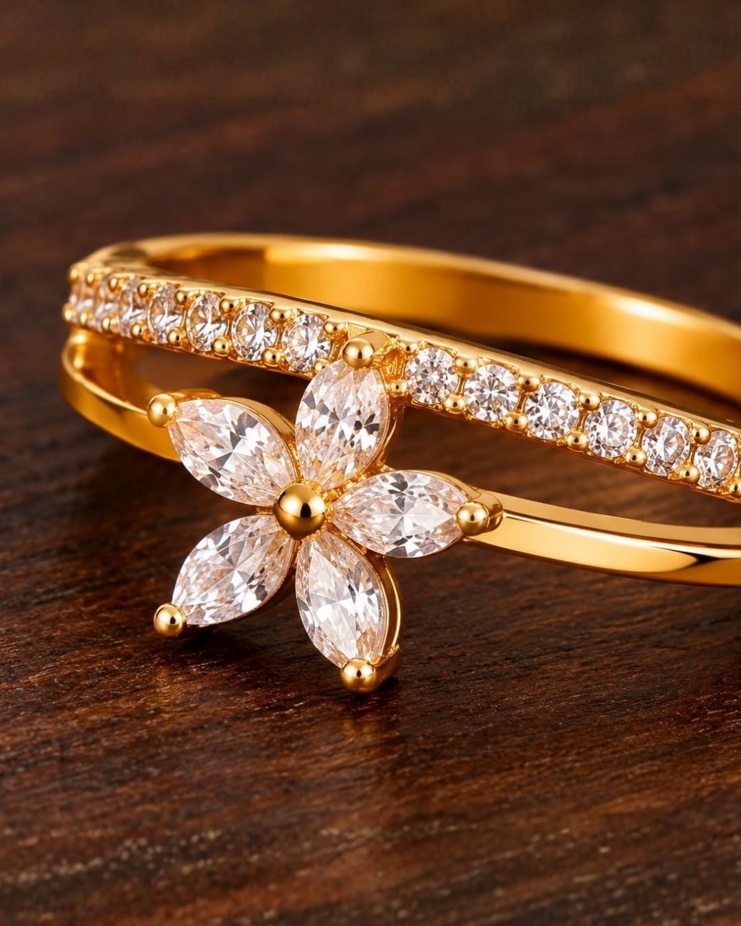 Gold Plated Adjustable Floral Ring with Sparkling Stones