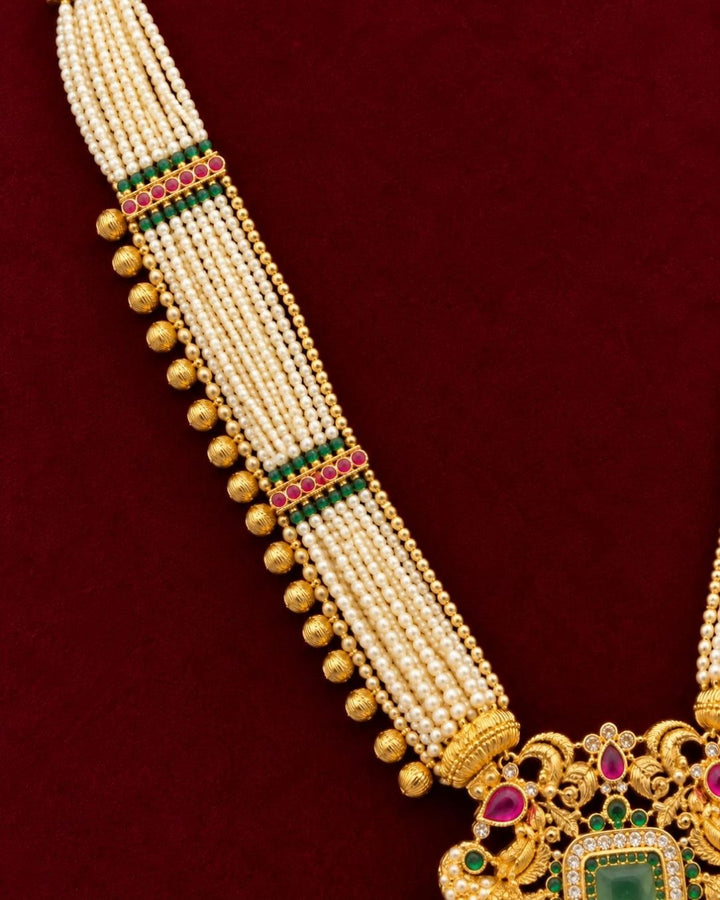 Gold Plated Traditional Pearl Beaded Necklace Set with Matching Earrings