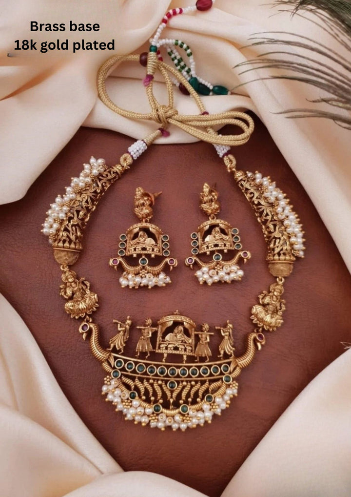 Kundan Brass Base Temple Necklace With Earrings g102050