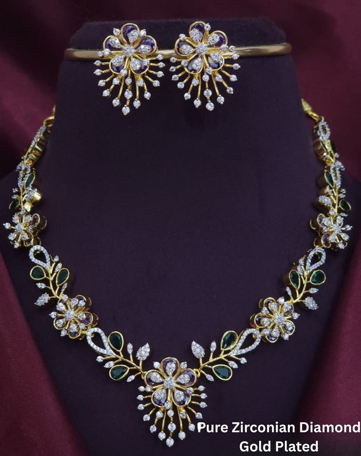 Pure Zirconian Diamond Gold Plated Necklace With Earrings r101940