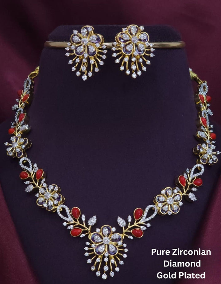Pure Zirconian Diamond Gold Plated Necklace With Earrings r101940