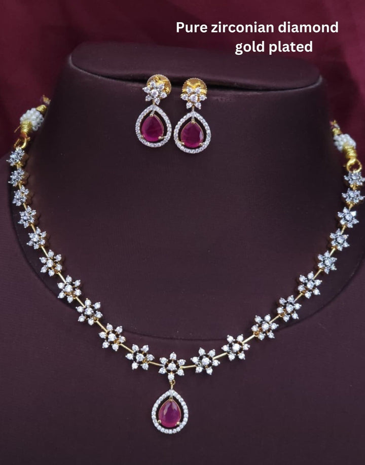 Pure Zirconian Diamond Gold Plated Necklace With Earrings r10850