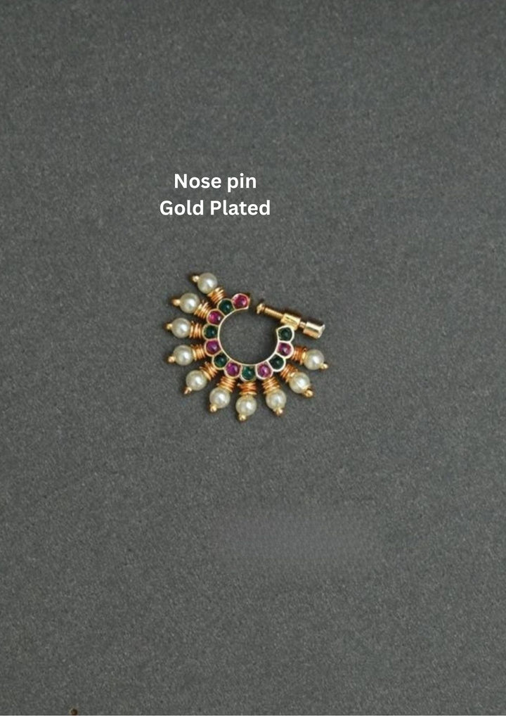 Kundan &amp; Beaded Gold Plated Nose Pin d81807