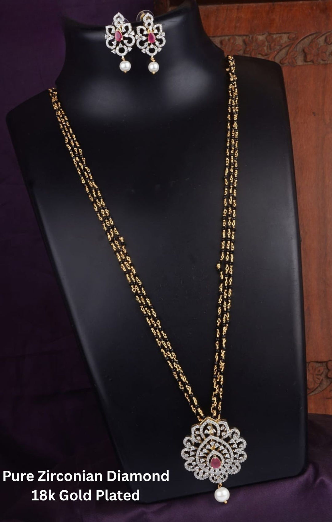 Pure Zirconian Diamond Gold Plated 3 Layer Beaded 24 inch Mangalsutra with Earrings c1010020