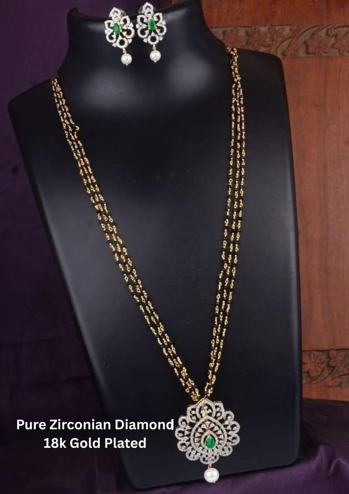 Pure Zirconian Diamond Gold Plated 3 Layer Beaded 24 inch Mangalsutra with Earrings c1010020