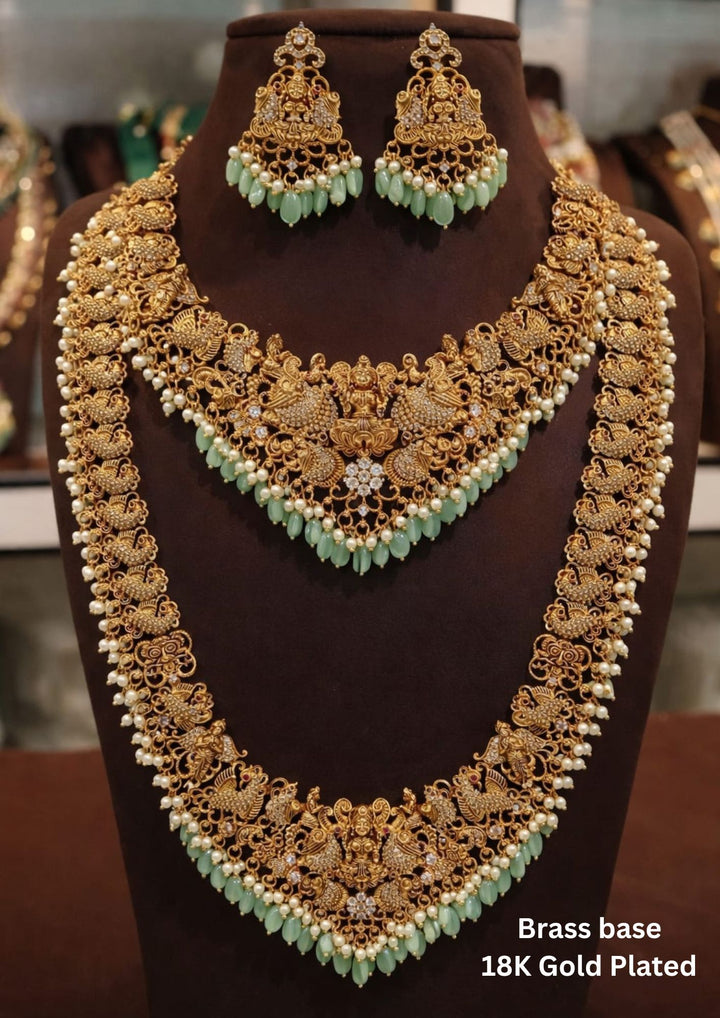 Kundan Gold Plated Temple Lakshmi Devi Bridal Necklaces with Earrings t315