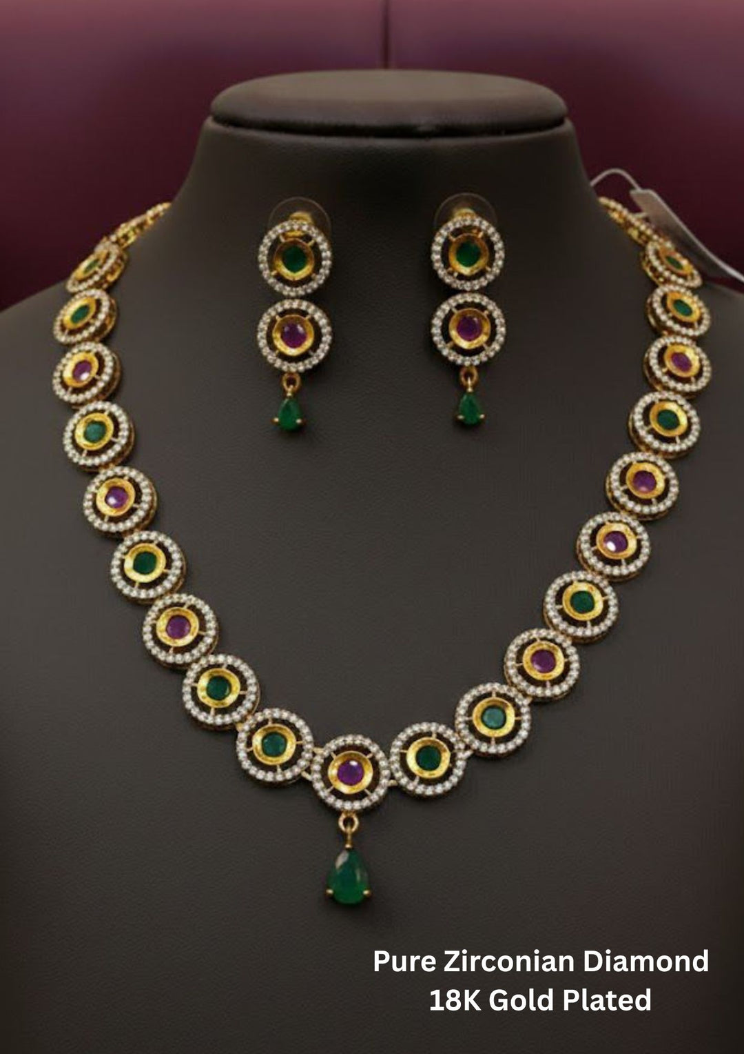 Pure Zirconian Diamond Gold Plated Emerald and Ruby Necklace with Earrings b118