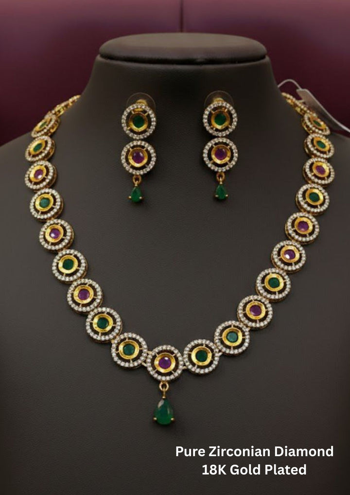Pure Zirconian Diamond Gold Plated Emerald and Ruby Necklace with Earrings b118
