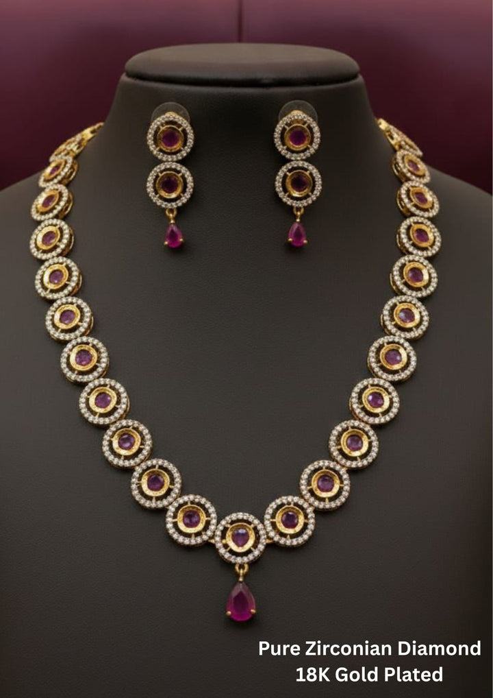 Pure Zirconian Diamond Gold Plated Emerald and Ruby Necklace with Earrings b118